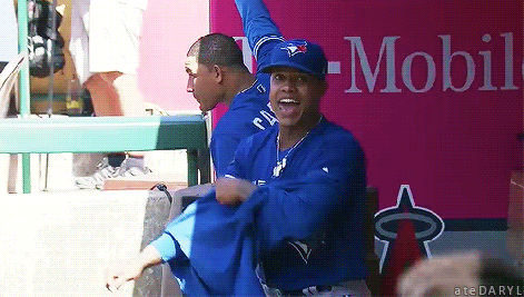 Marcus Stroman's reaction after Ryan Goins hit the longest home run of the season.